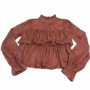 Forever 21 Blouse Womens Small Rose Gold Excellent Tiered Ruffle Mock Neck Sheer